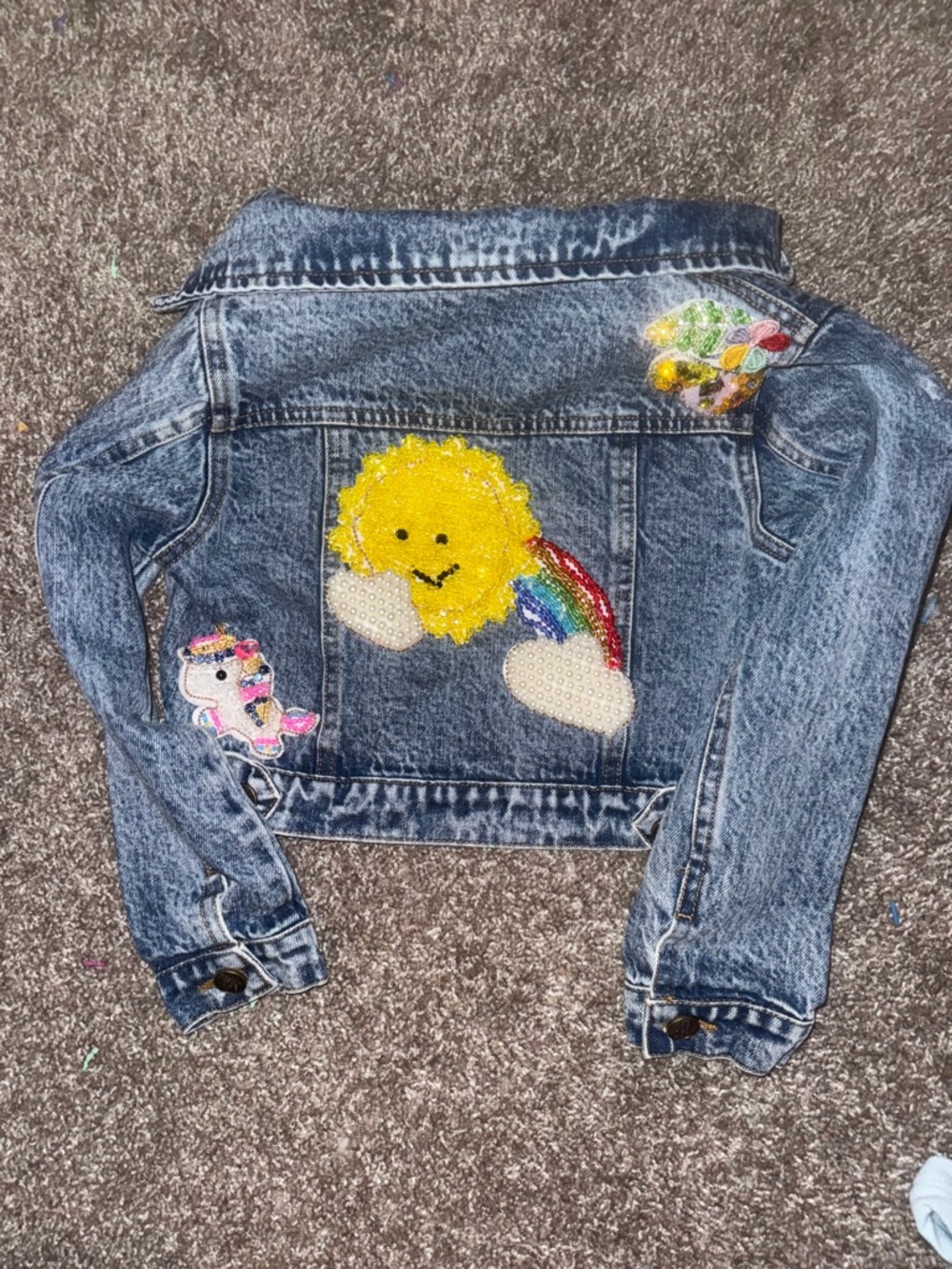 lola Acid-Wash Denim Jacket with Yellow Sun & Rainbow Patches